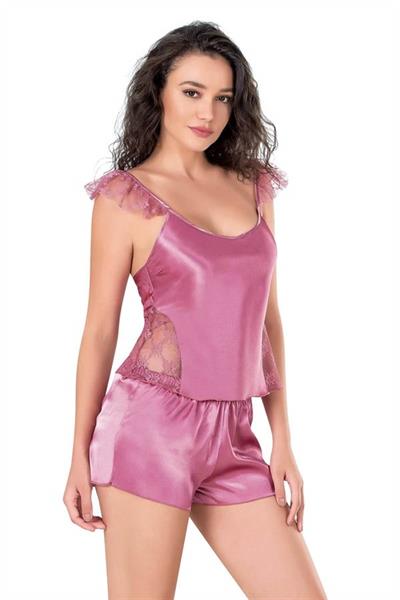 Gül Kurusu Saten Babydoll Şort Takımı