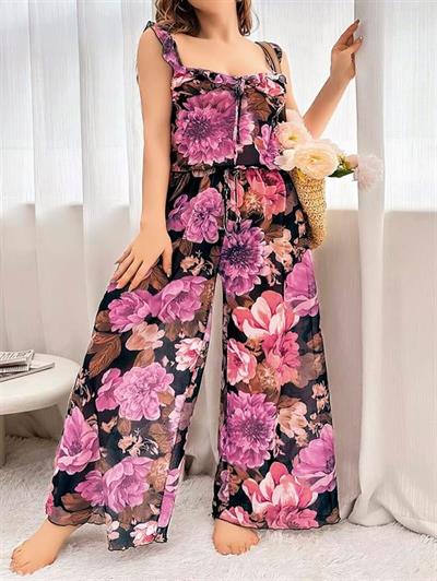 Özel Tasarım Büyük Beden Çiçek Desenli Bol Kesim 2li Pijama Takımı