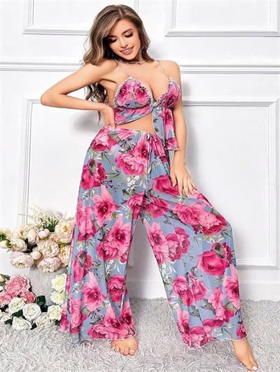 Özel Tasarım Büyük Beden Kırmızı Çiçek Desenli Bol Kesim 2li Pijama Takımı
