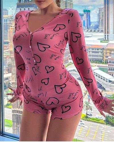 Pamuklu Pembe Siyah Kalp Desenli Düğmeli Uzun Kol Tulum Pijama