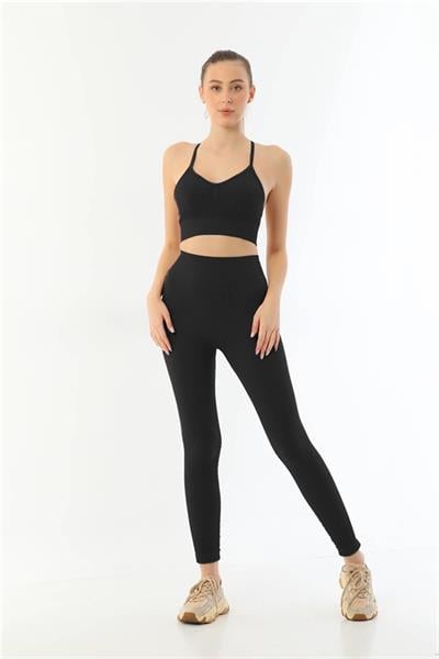 Siyah MI Emay 3921 Soft Seamless Ripli Tayt Yoga Takımı