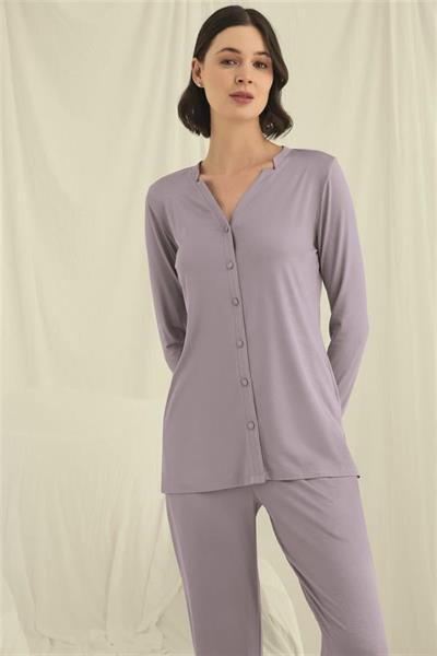 Uzun Kollu Boydan Düğmeli V Yaka Pijama Takımı