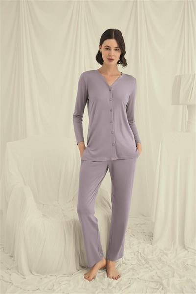 Uzun Kollu Boydan Düğmeli V Yaka Pijama Takımı