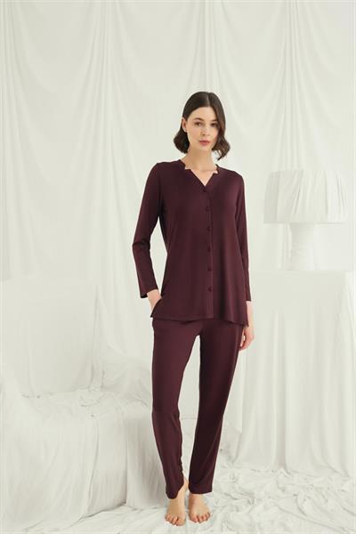 Uzun Kollu Boydan Düğmeli V Yaka Pijama Takımı