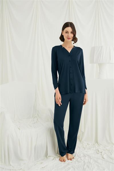 Uzun Kollu Boydan Düğmeli V Yaka Pijama Takımı