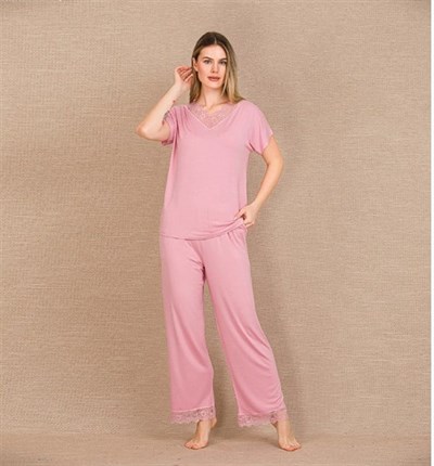 Arias Closet Viskon Şık Tasarım Dantel İşlemeli Pembe Kısa Kol Pijama Takımı