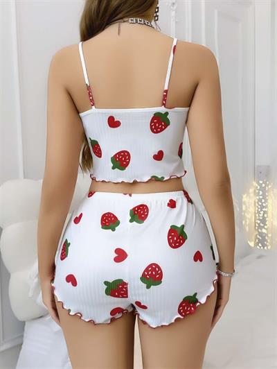 Kadın Beyaz Çilek desenli Şortlu Pijama Takımı 5053