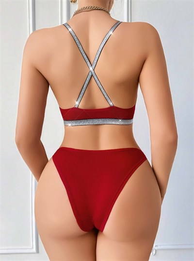 Kadın Bordo Love Yazılı Arkası Çarpraz Mayo Bikini 5169