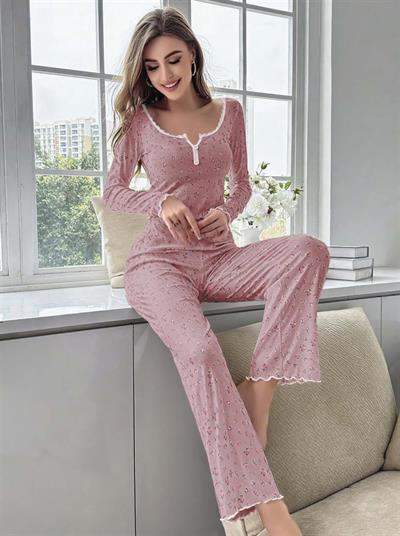 Kadın Çiçek Desenli Yumuşak Pamuklu Uzun Pijama Takımı 5132