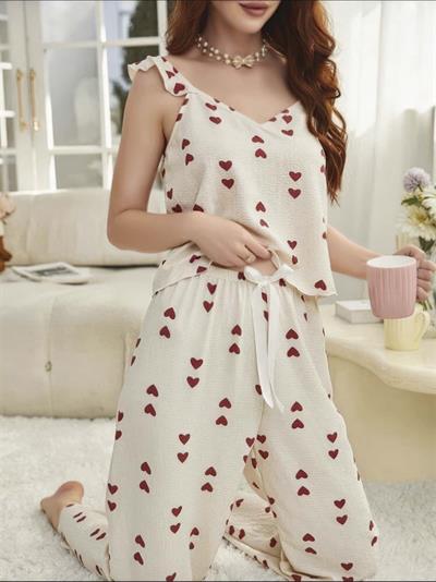 Kadın Ekru Kırmızı Kalp Desenli Yumuşak Pamuklu Uzun Pijama Takımı 5136