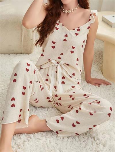 Kadın Ekru Kırmızı Kalp Desenli Yumuşak Pamuklu Uzun Pijama Takımı 5136