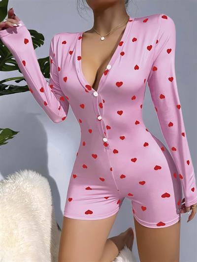 Kadın Pembe Kalp Desenli Pijama Tulumu