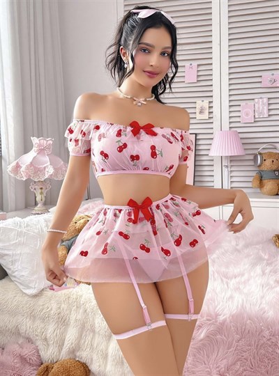 Kadın Pembe Kiraz Desenli ve Fiyonk Detaylı Fantezi Kostüm 2263