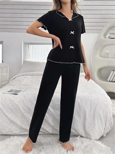 Kadın Siyah Fiyonk Detaylı Yumuşak Pamuklu Uzun Pijama Takımı 5130