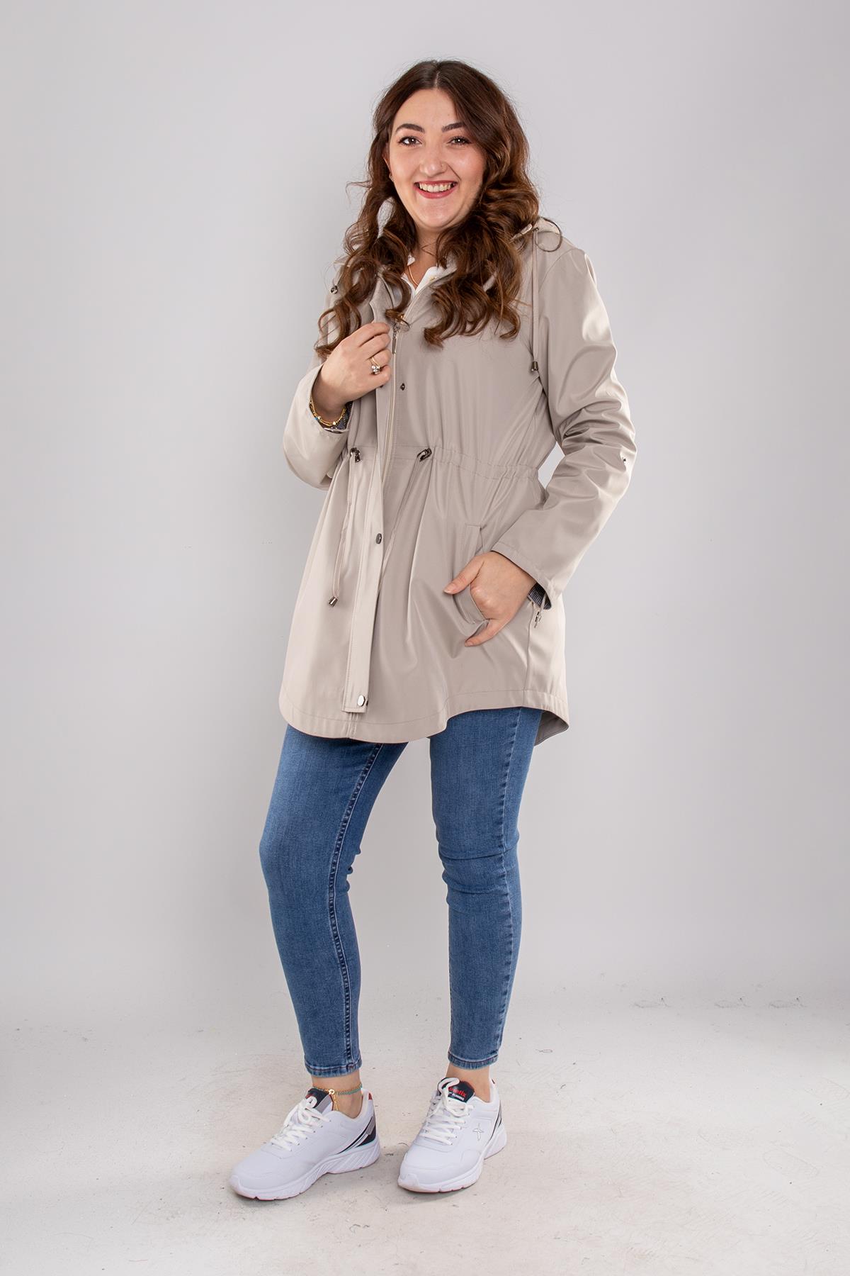 1009 Büyük Beden Kol Katlama Kapüşonlu Beli Bağcıklı Kadın Trençkot