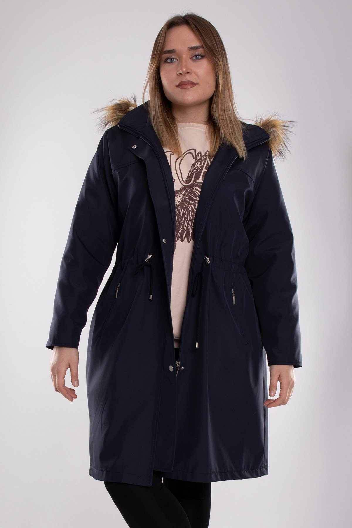 1011 Battal Beden İçi Kürklü Beli Bağcıklı Kapşonlu Uzun Mont