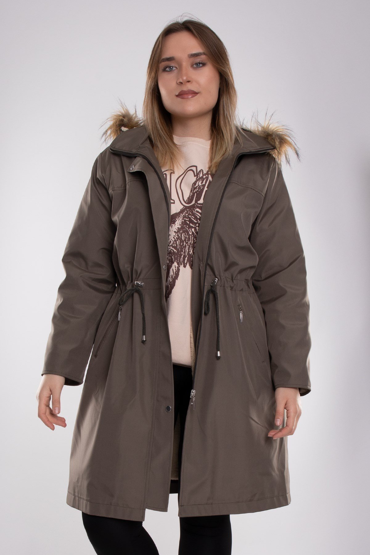 1011 Battal Beden İçi Kürklü Beli Bağcıklı Kapşonlu Uzun Mont