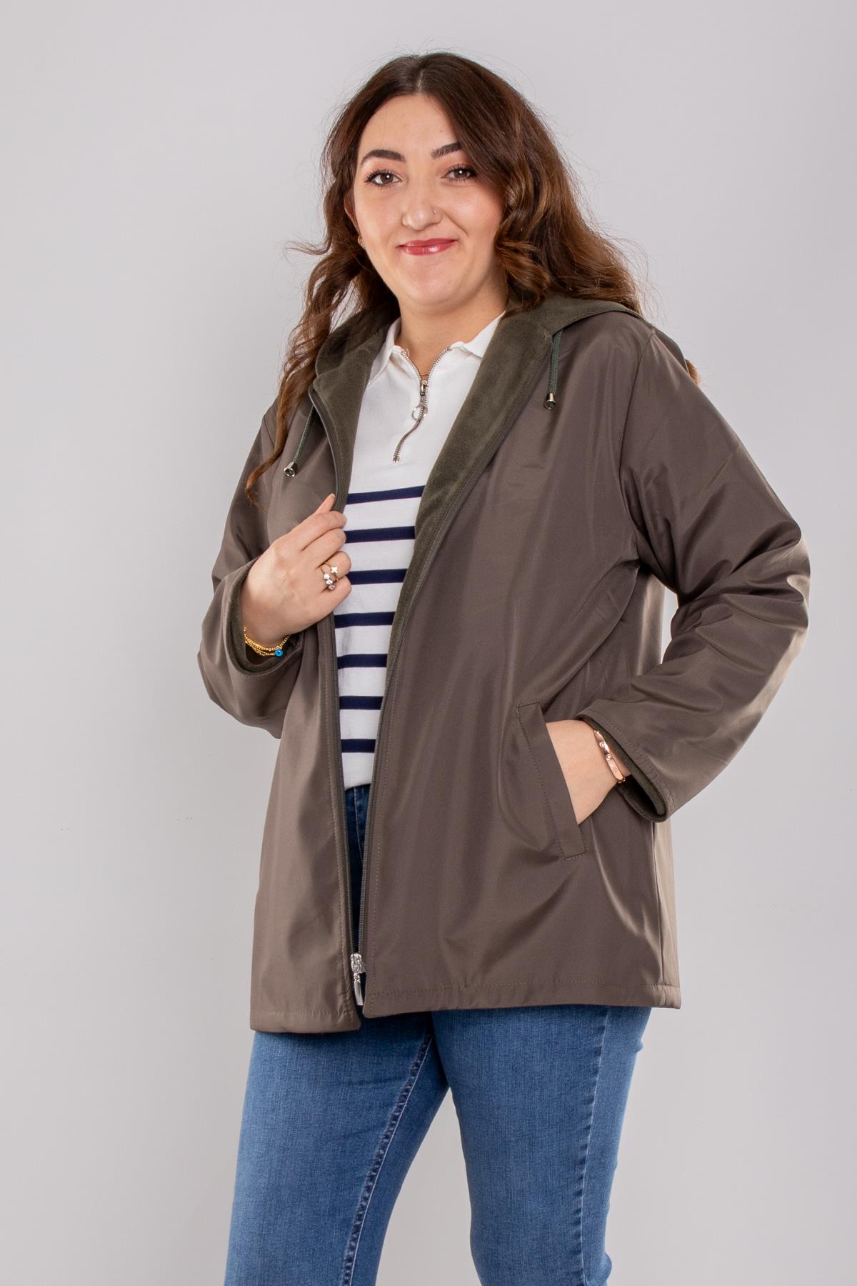 1026 Büyük Beden İçi Polar Cepli Kapşonlu Fermuarlı Yağmurluk