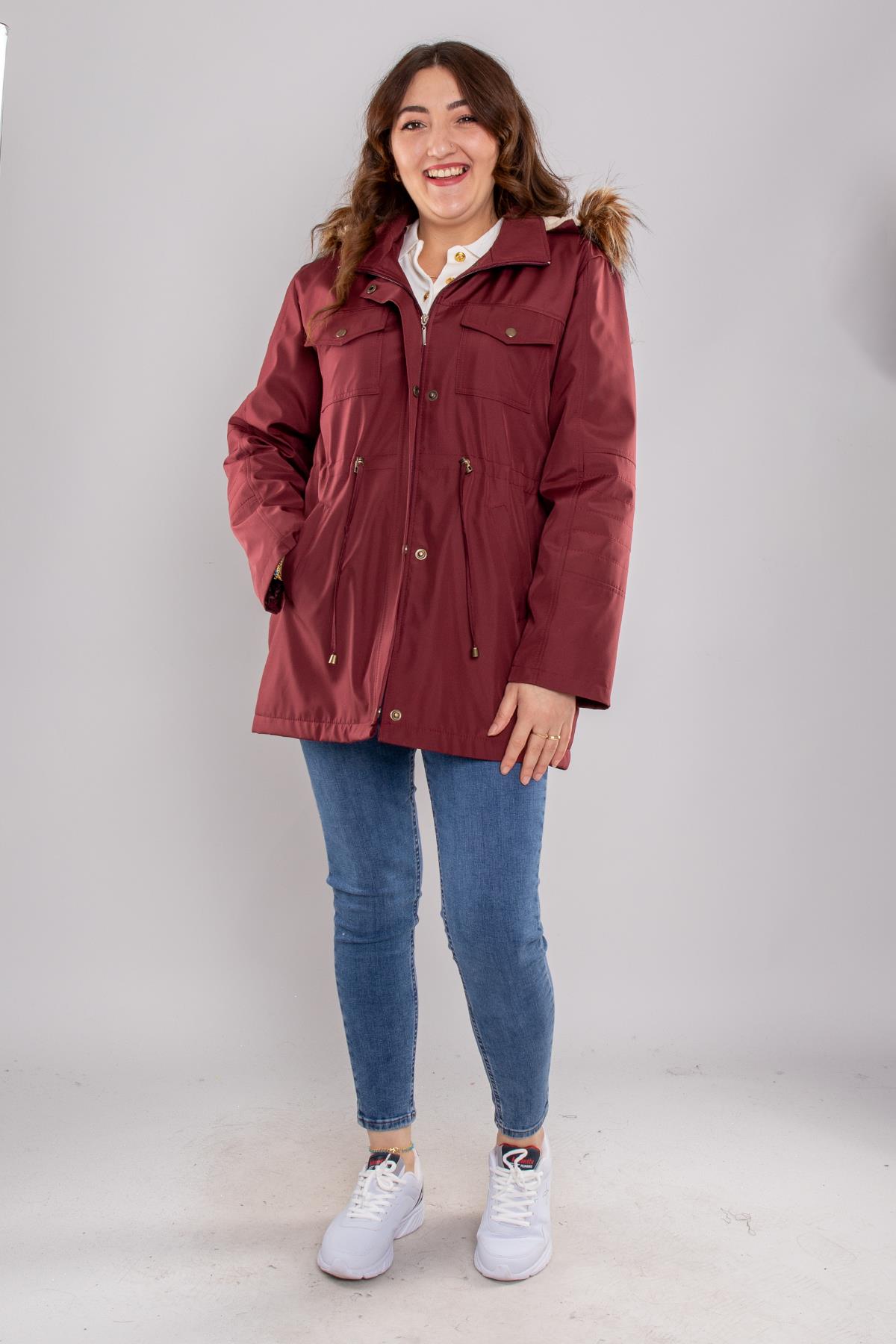 1027 Büyük Beden İçi Kürklü Kapüşonlu 4 Cep Beli Bağcıklı Kadın Kap