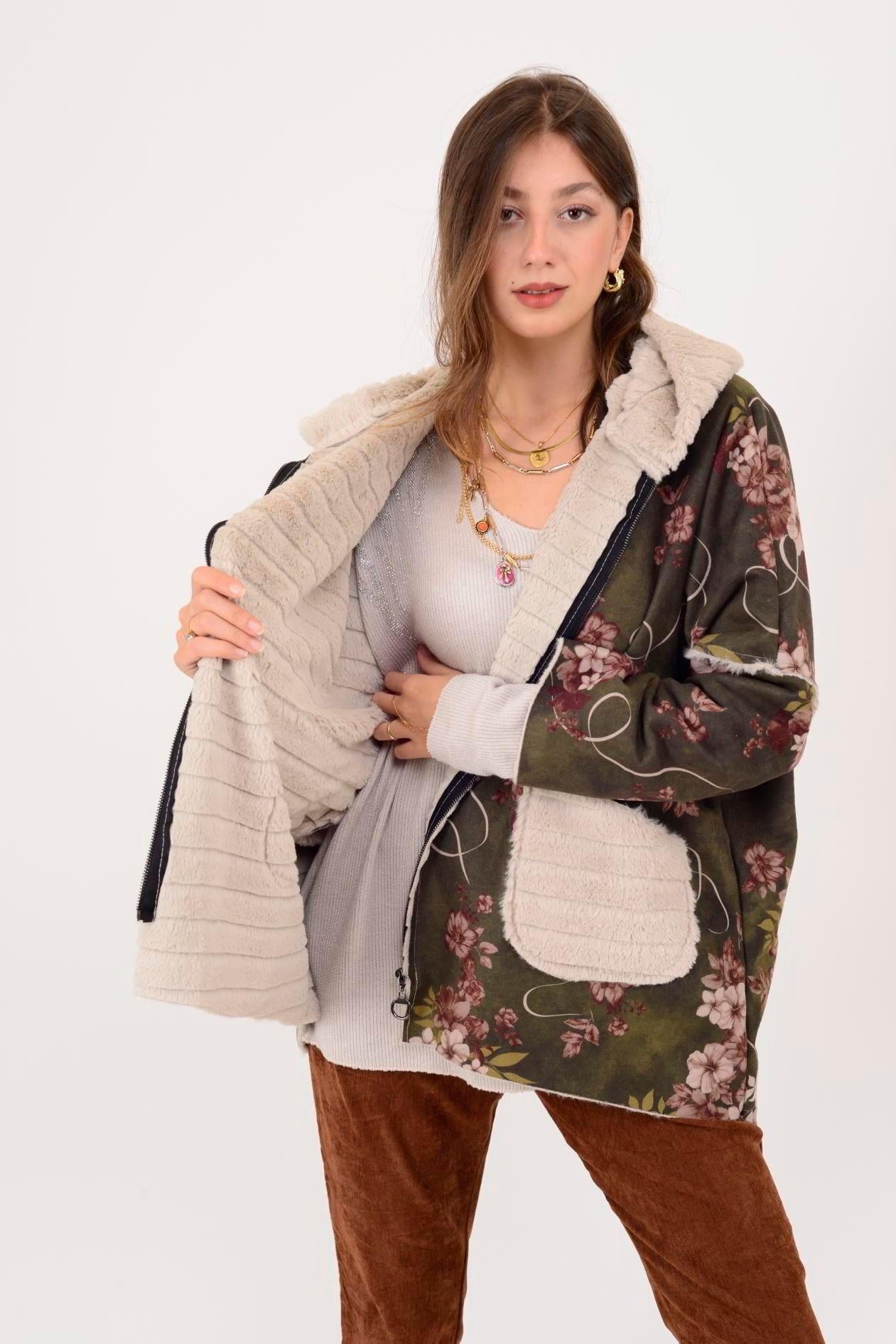10299-18 Nergis Desen İçi Polarlı Nubuk Kaban