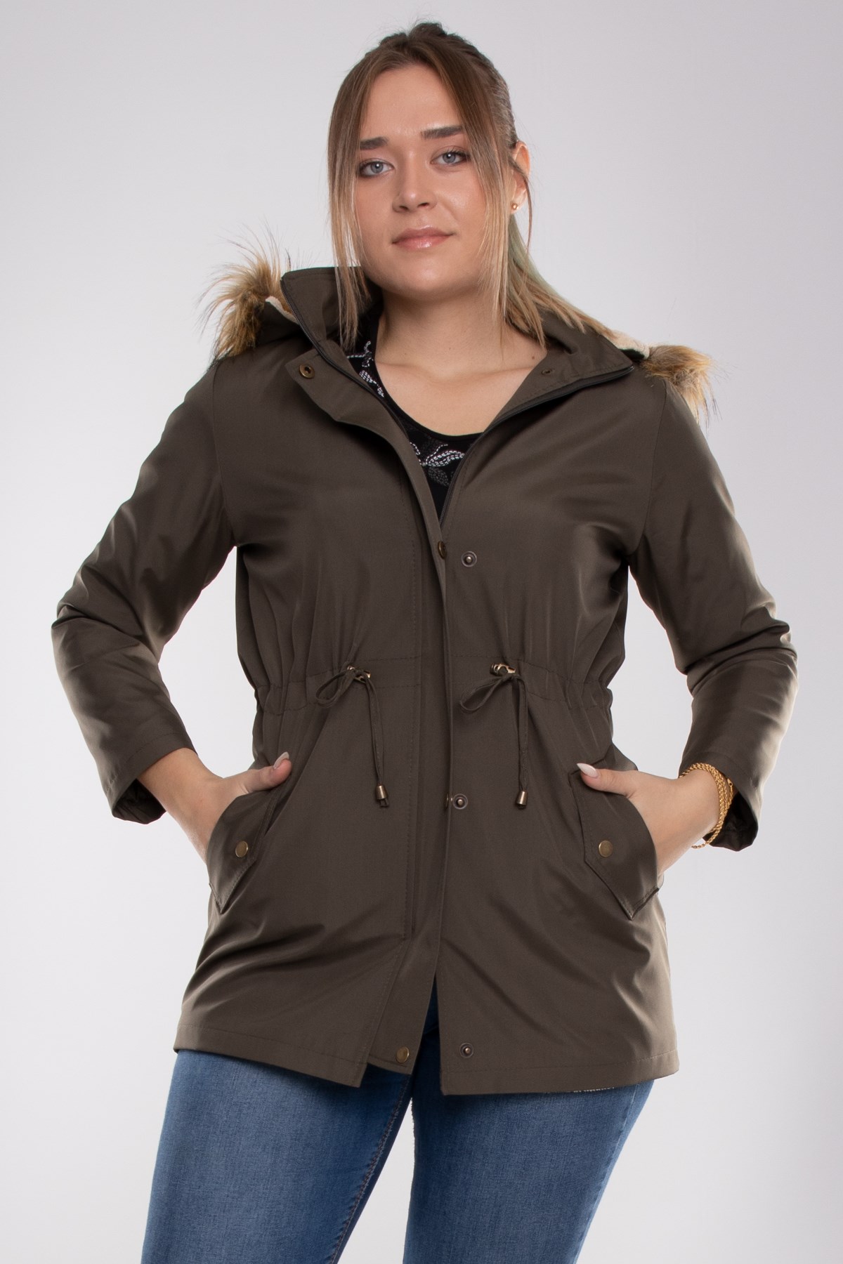 1033 Büyük Beden İçi Kürklü Cep Çıtçıtlı Beli Bağcıklı Kap