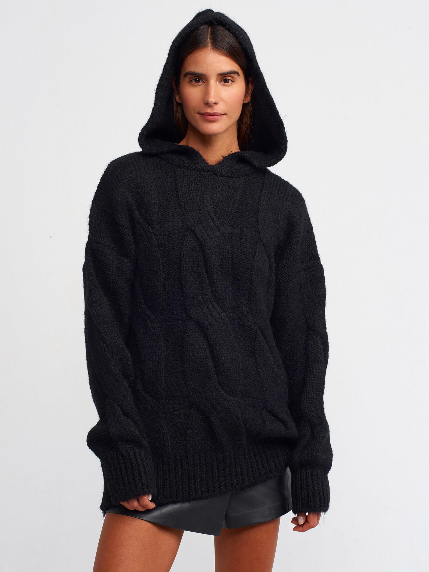 10496 Kapüşonlu Saç Örgü Oversize Kazak