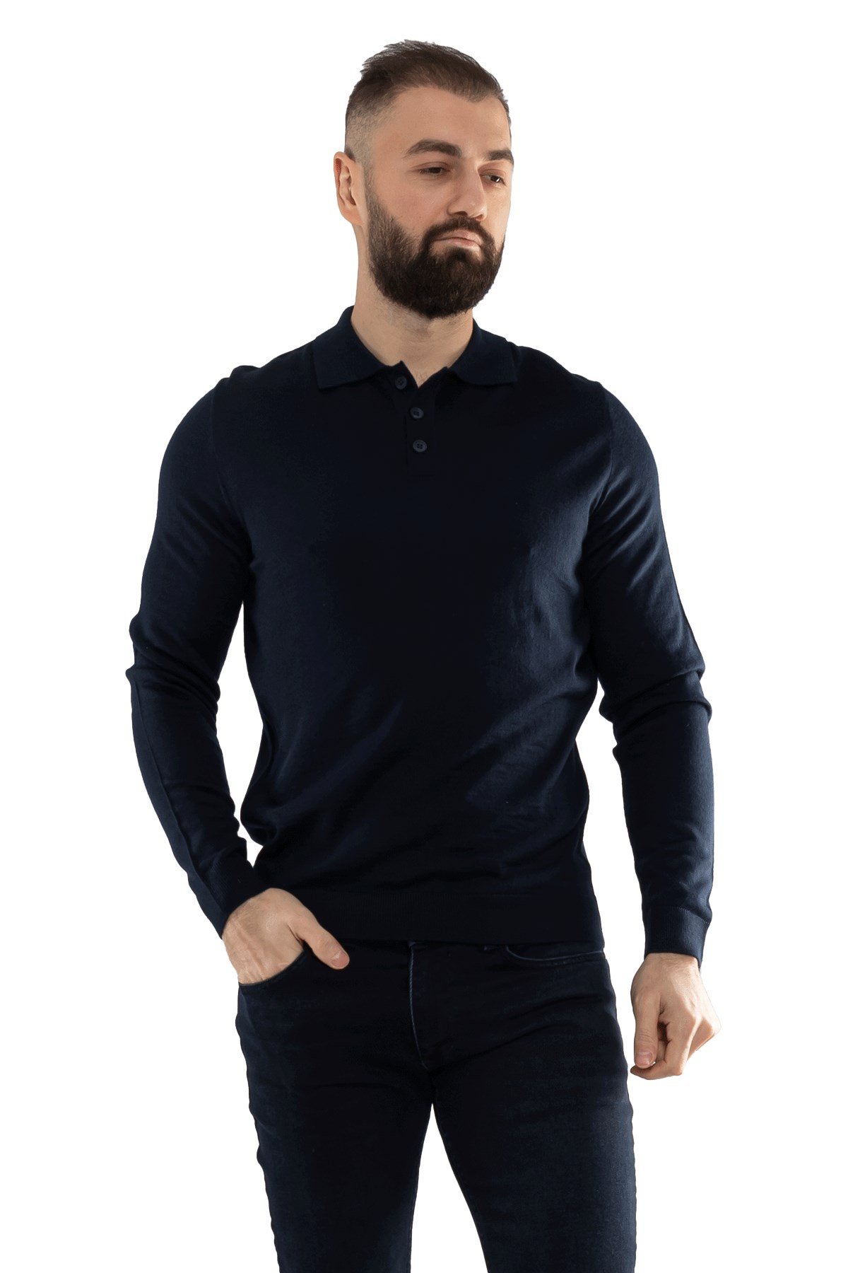 12120 Polo Yaka Düğmeli Triko Kazak