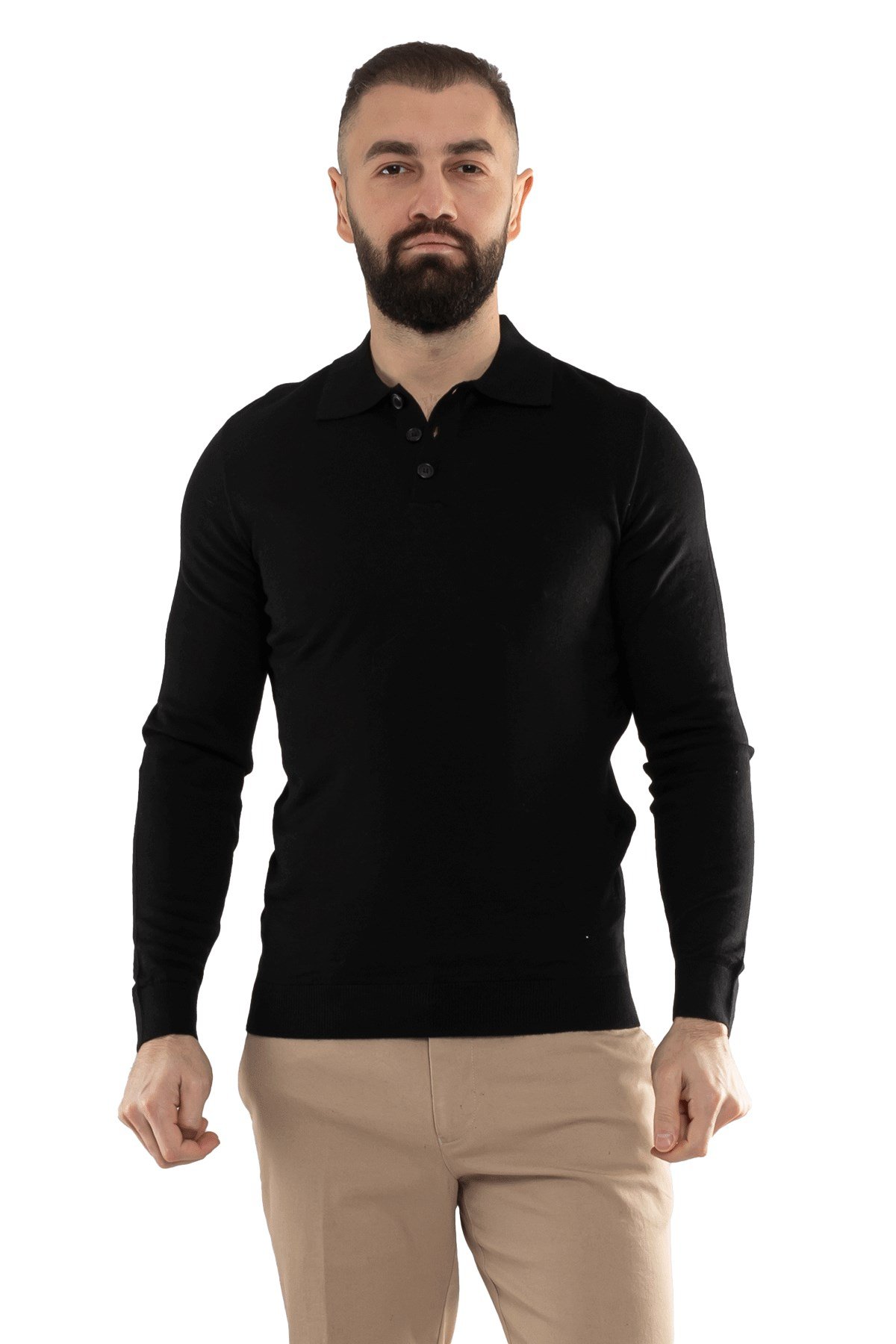 12120 Polo Yaka Düğmeli Triko Kazak