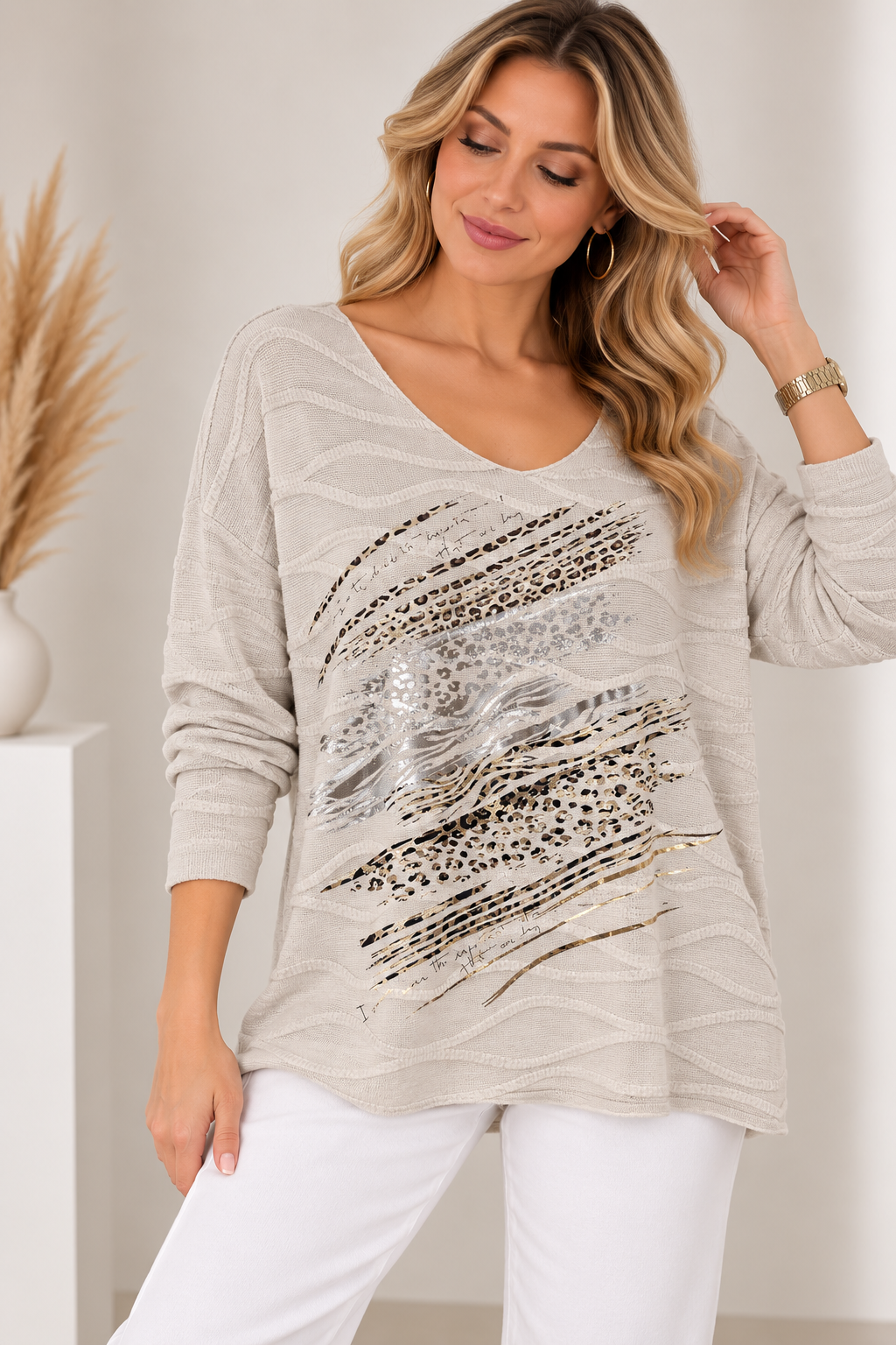 12252 Dalgalı Leopar Desen Vyaka Bluz