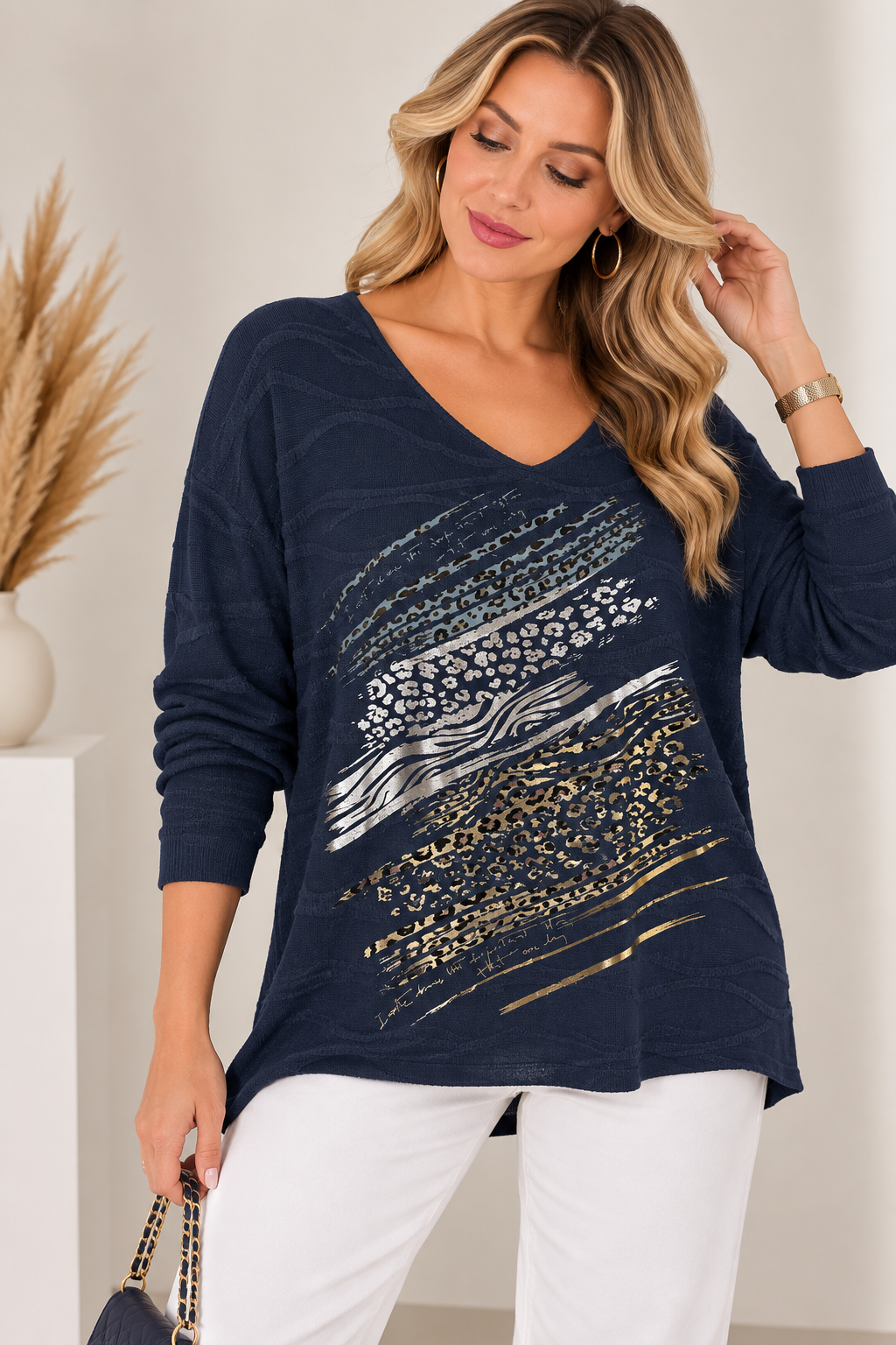 12252 Dalgalı Leopar Desen Vyaka Bluz
