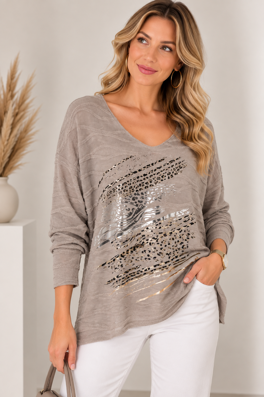 12252 Dalgalı Leopar Desen Vyaka Bluz