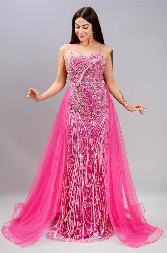 1360 İp Askı Taş Boncuk İşleme Kuyruklu Uzun Elbise