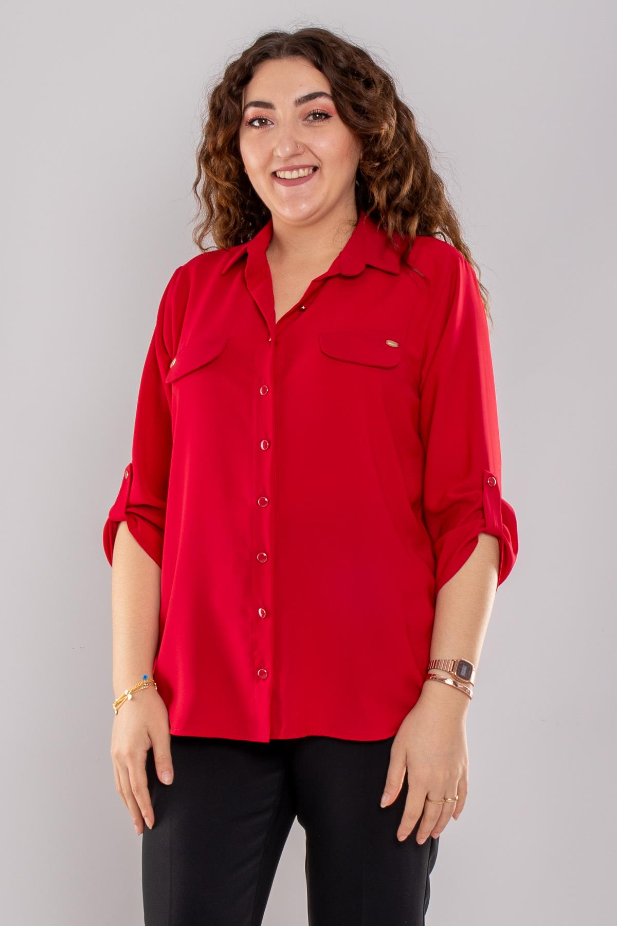 1404 Büyük Beden Cep Kapaklı Truvakar Kol Büyük Beden Kadın Gömlek