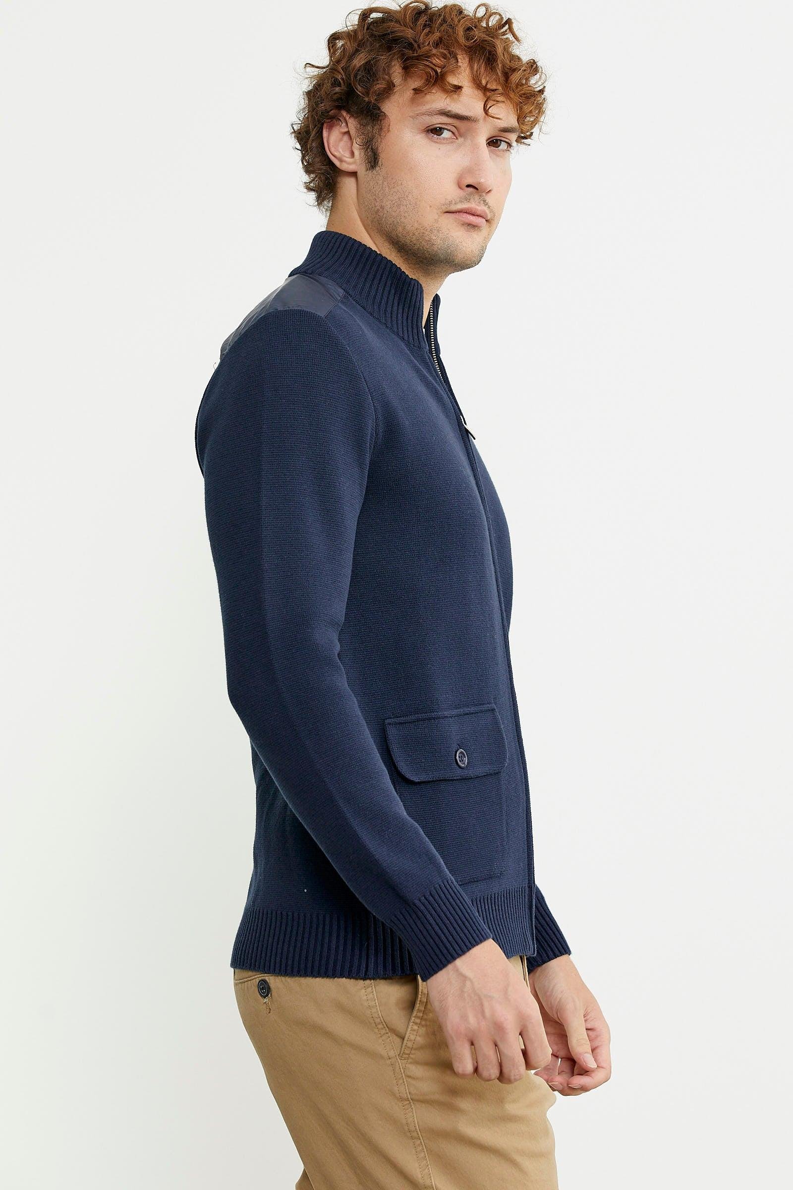 14224 Dik Yaka Fermuarlı Cepli Erkek Triko Mont