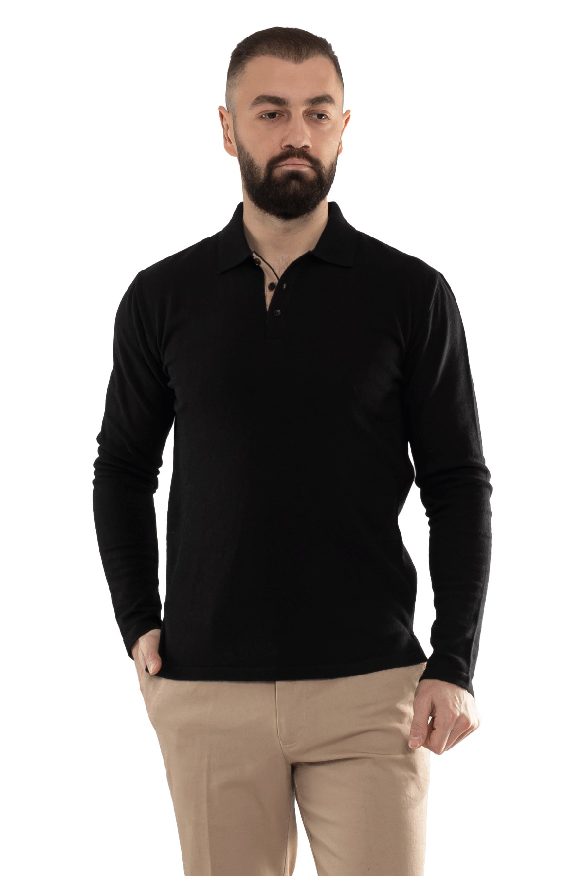 14277 Polo Yaka Patlı Düğmeli Triko Kazak