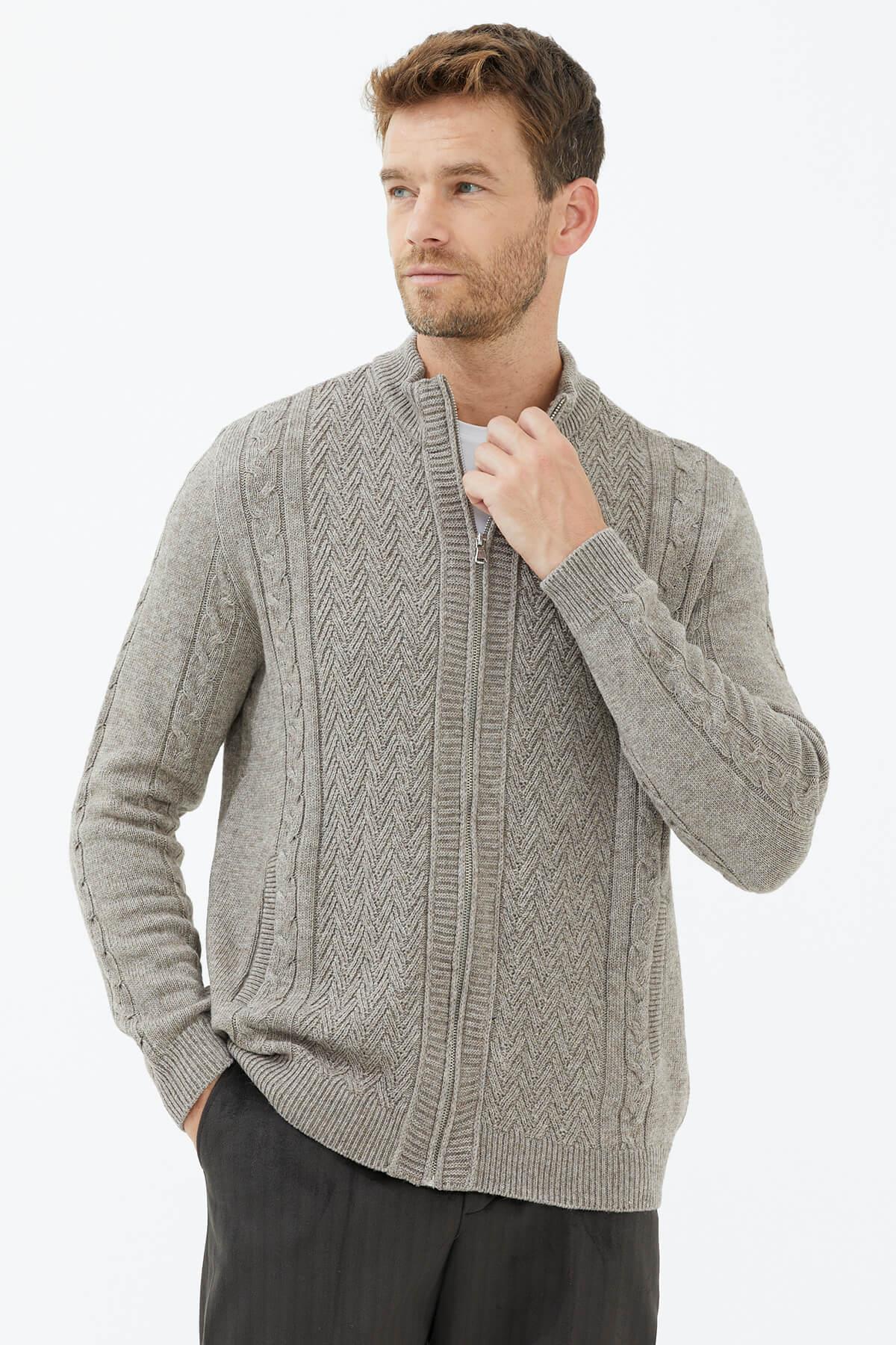 14286 Yünlü Dik Yaka Fermuarlı Erkek Triko Hırka