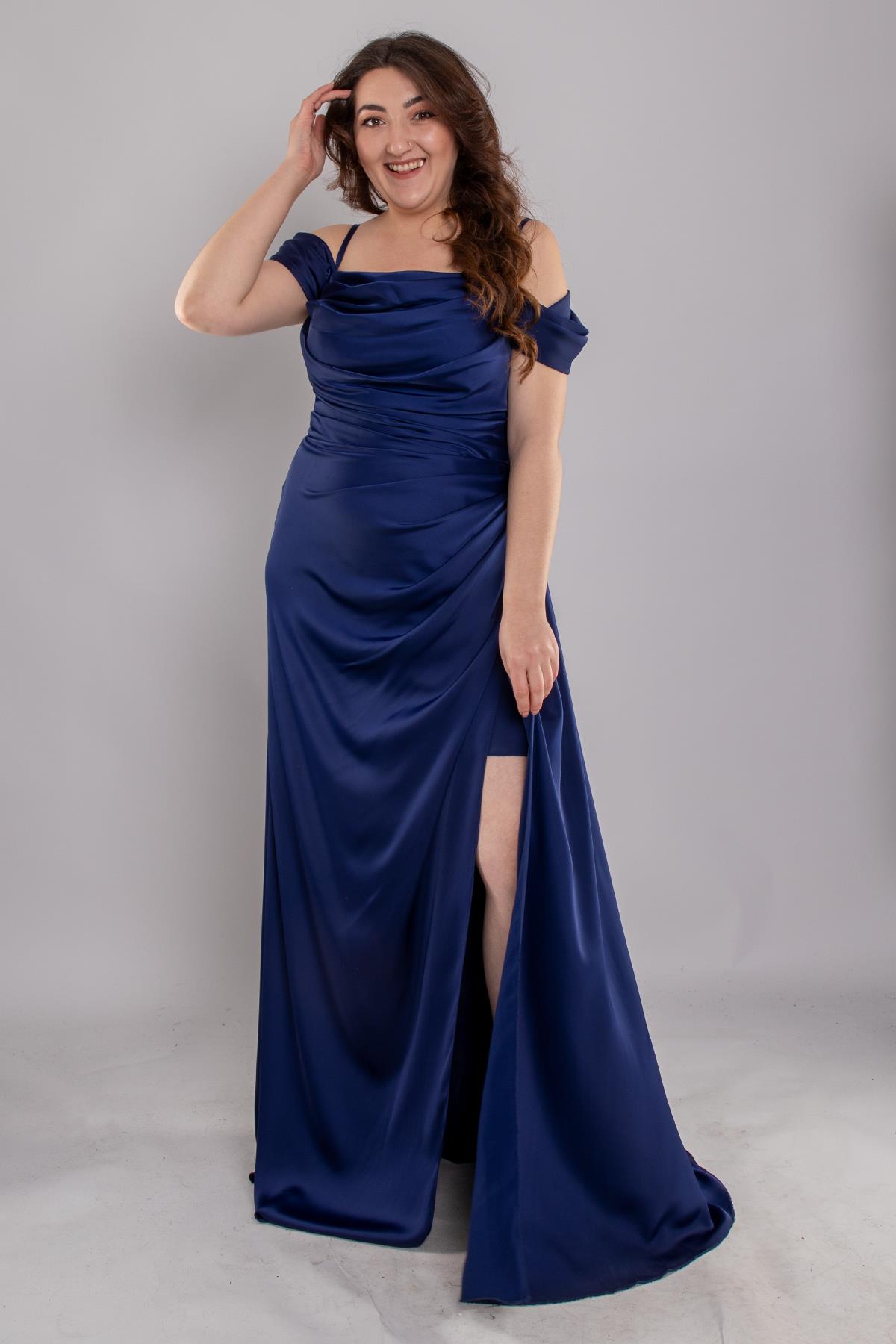 1449 Büyük Beden İp Askı Şal Yaka Kuyruklu Saten Uzun Elbise