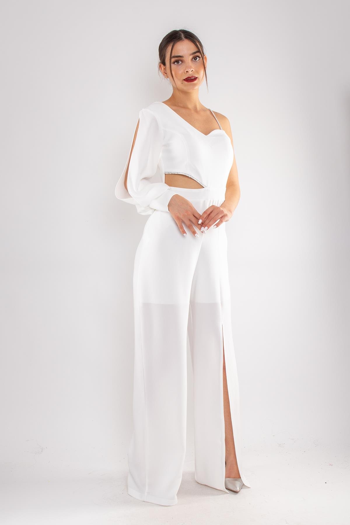 1453 Tek Kollu Beli Pencereli Taşlı Krep Abiye Tulum