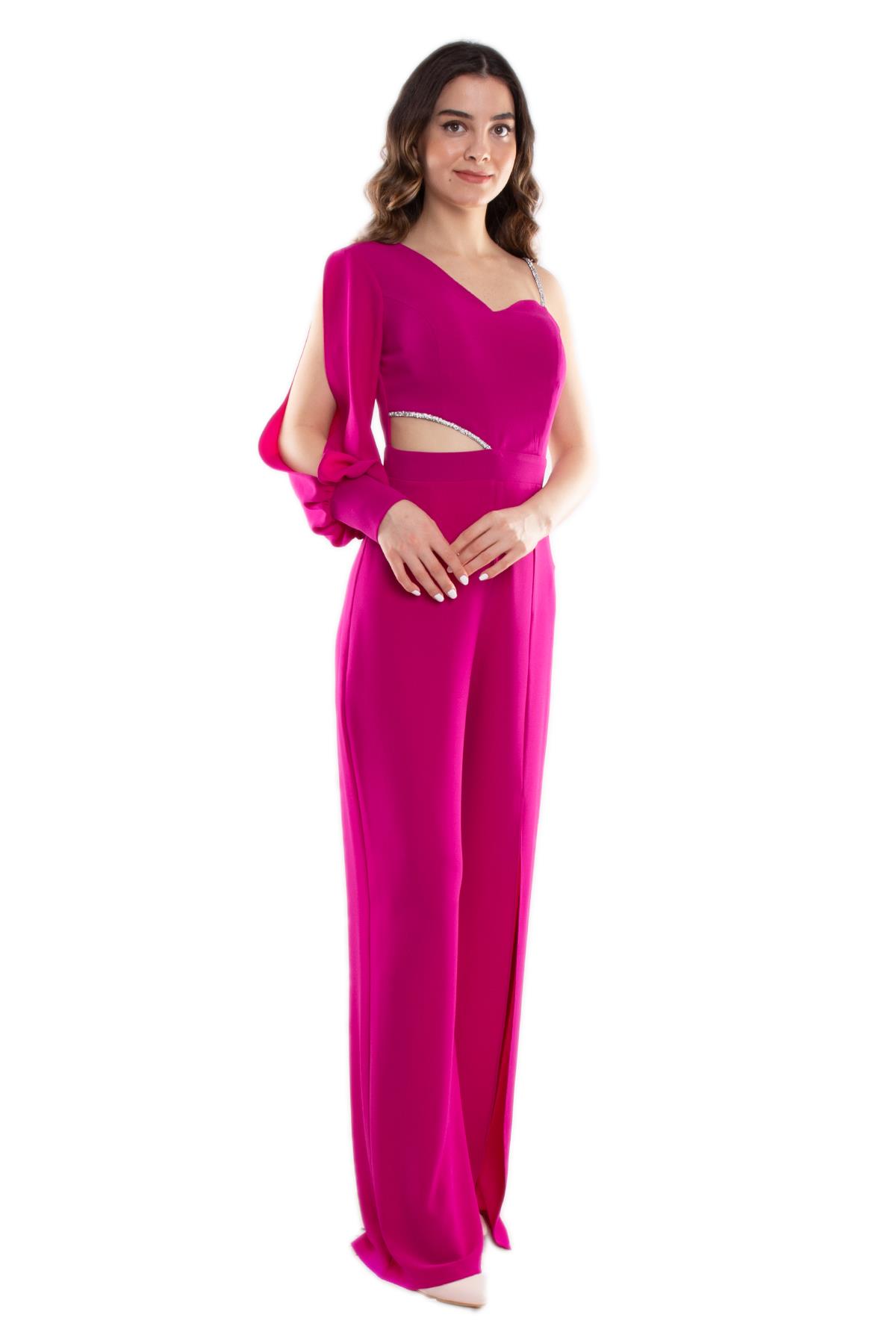 1453 Tek Kollu Beli Pencereli Taşlı Krep Abiye Tulum