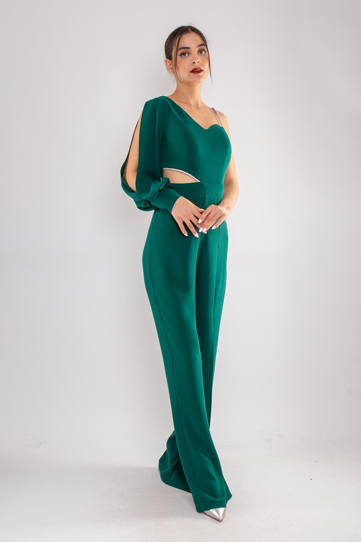 1453 Tek Kollu Beli Pencereli Taşlı Krep Abiye Tulum