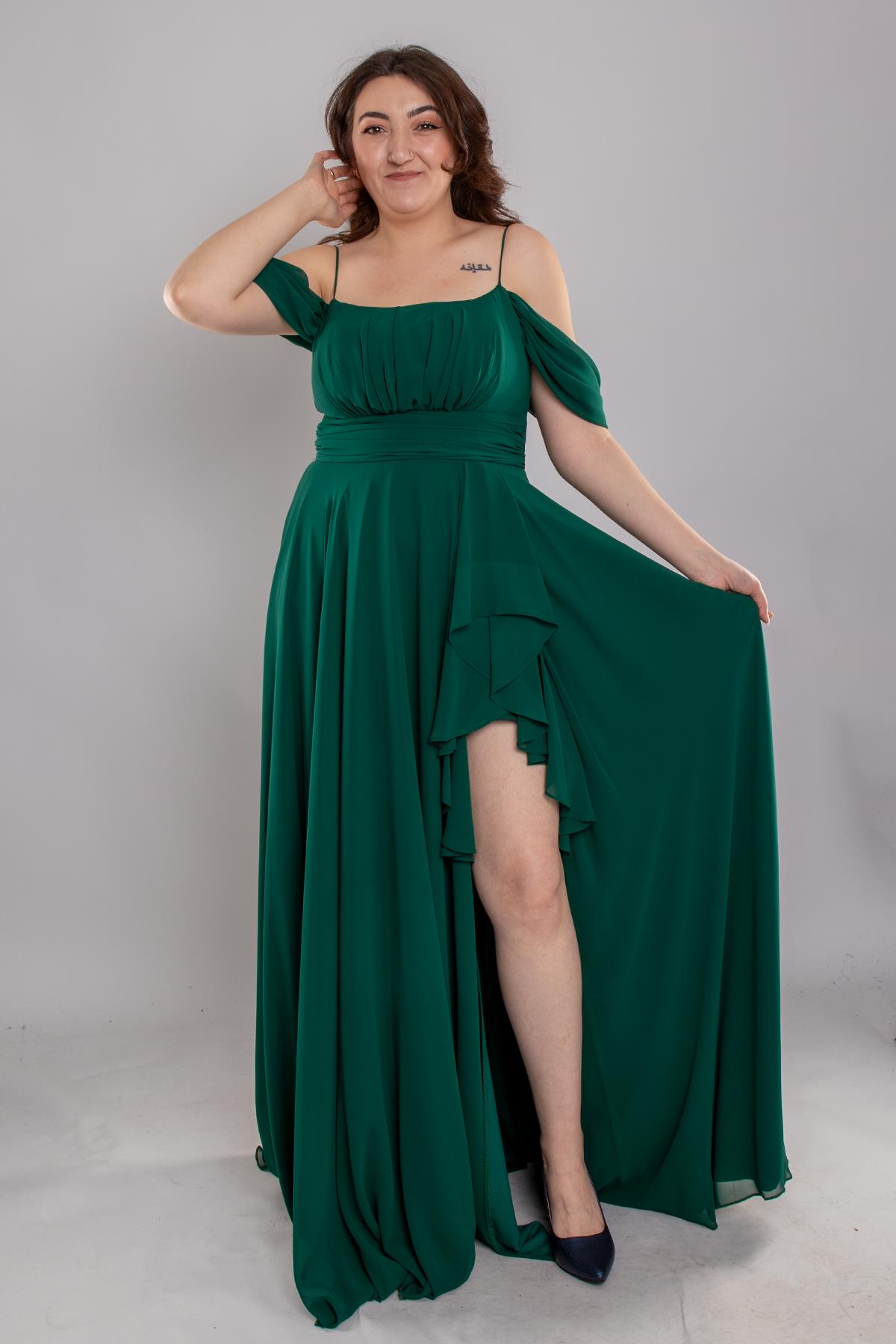 1479 Büyük Beden İp Askı Göğüs Drape Yanı Fırfırlı Uzun Şİfon Elbise