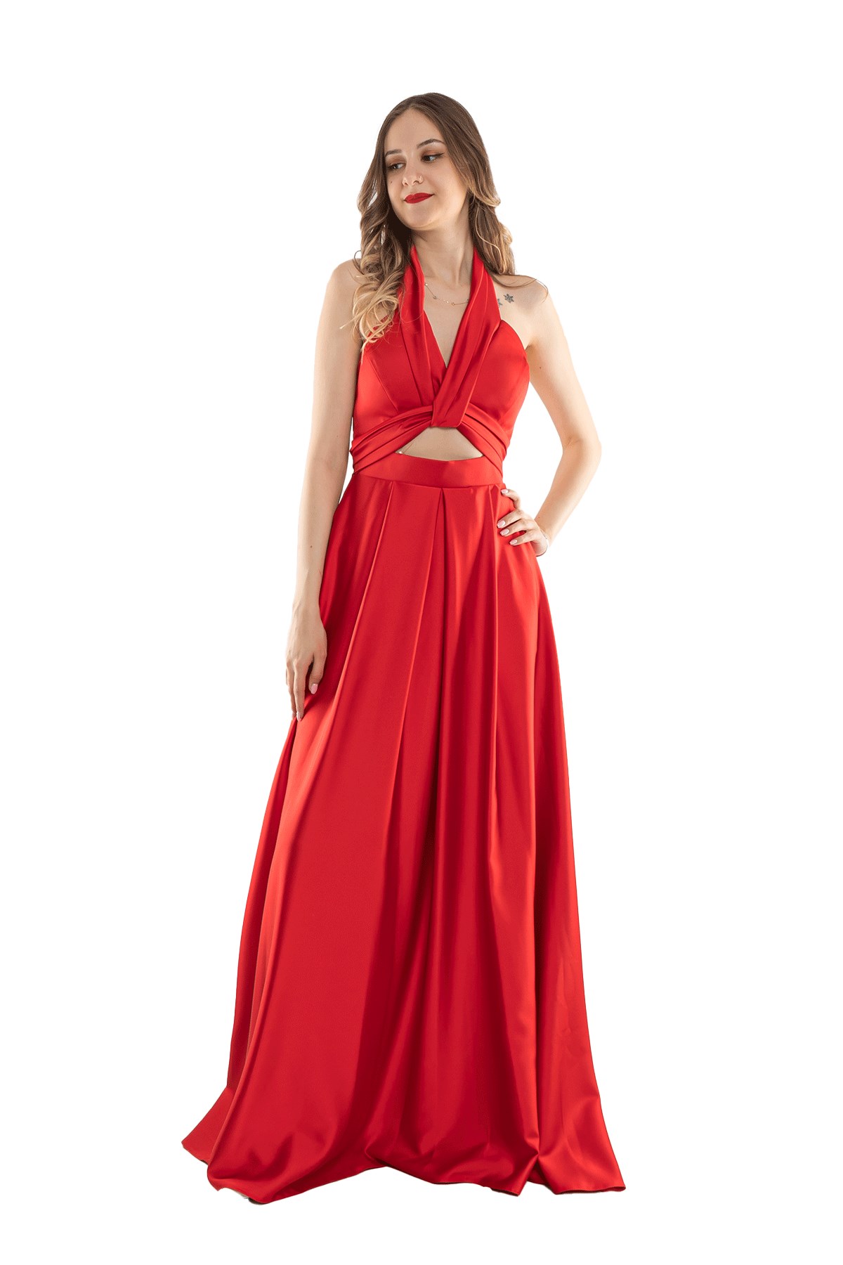 1506 Bosna Saten Beli Pencere Boyundan Geçmeli Uzun Elbise