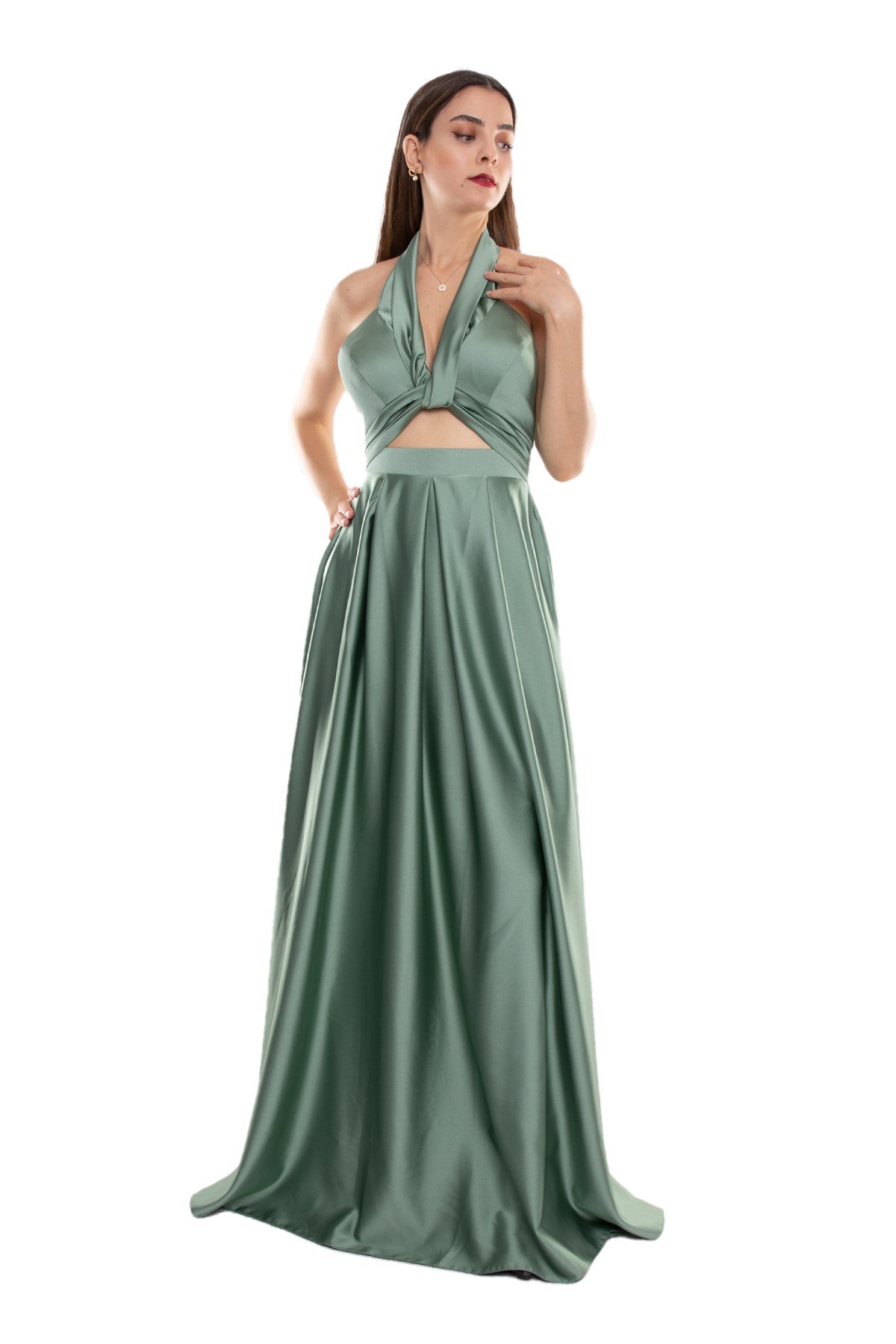 1506 Bosna Saten Beli Pencere Boyundan Geçmeli Uzun Elbise