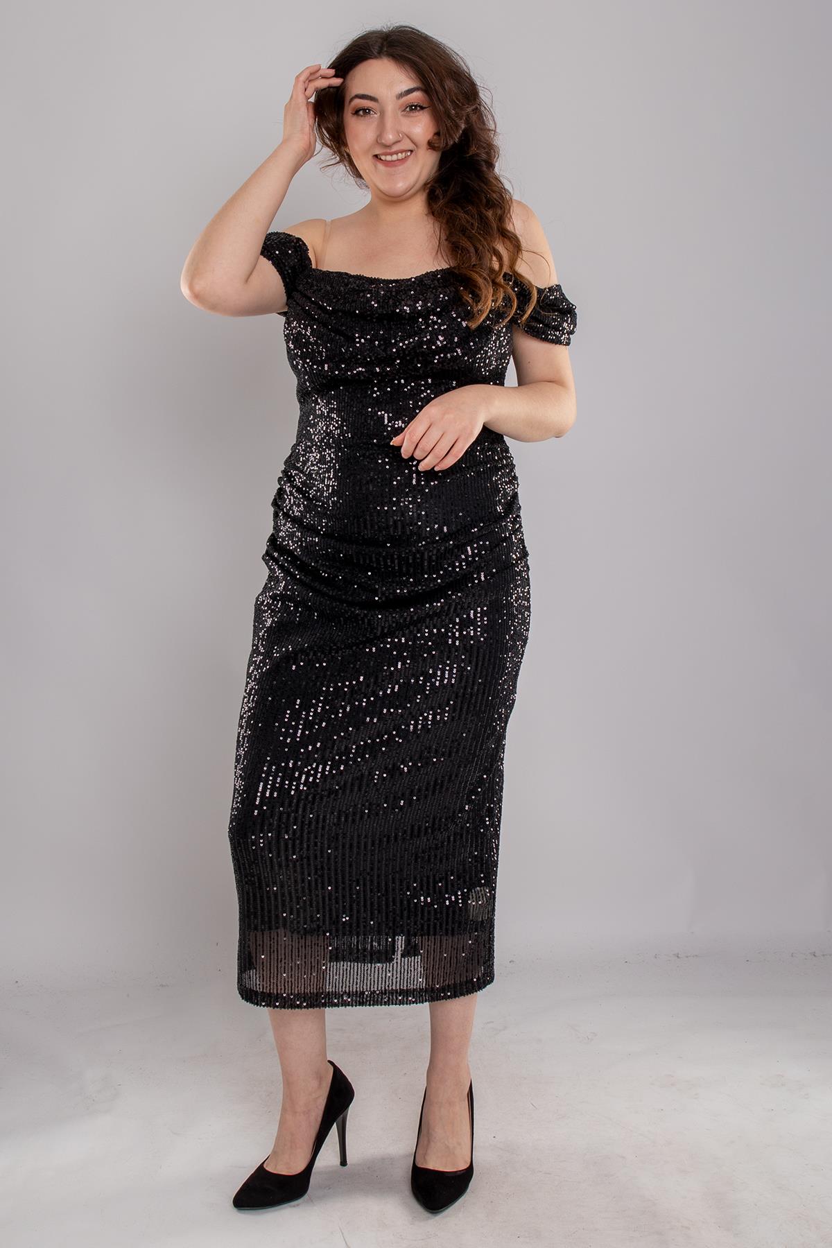 1623 Büyük Beden Pulpayet Düşük Omuz Drapeli Kısa Elbise