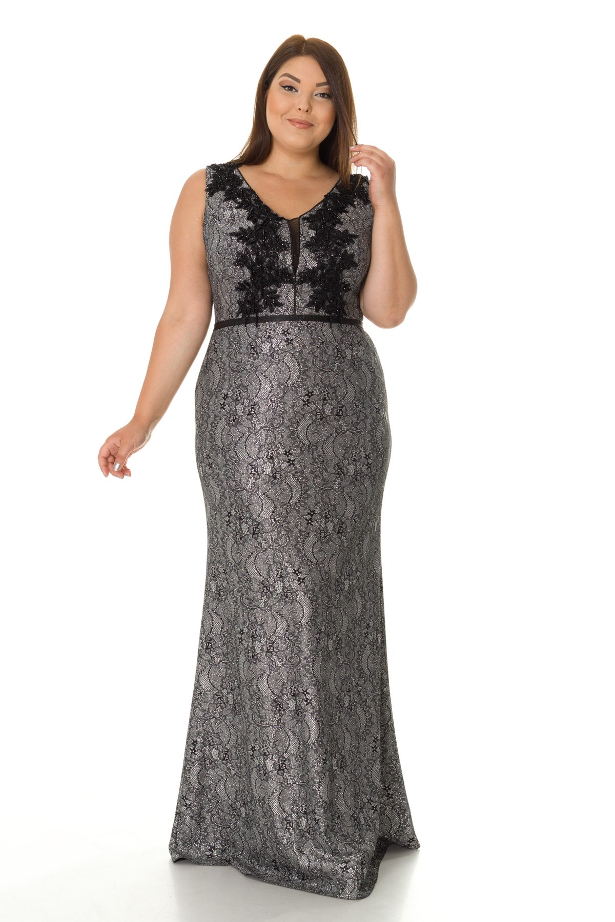 19190 BB DESENLİ SİMLİ YAKA BONCUKLU ELBİSE