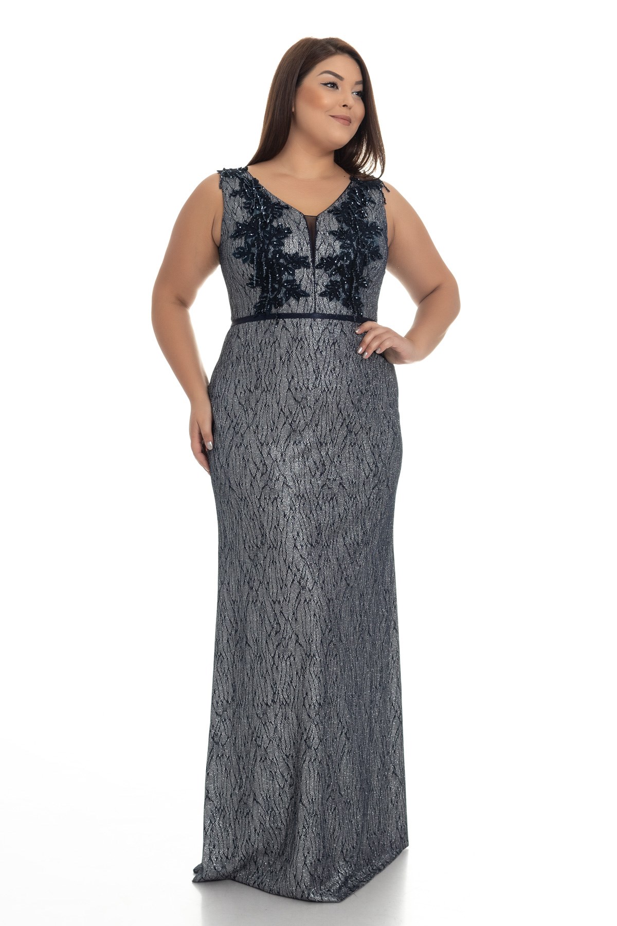 19190 BB DESENLİ SİMLİ YAKA BONCUKLU ELBİSE