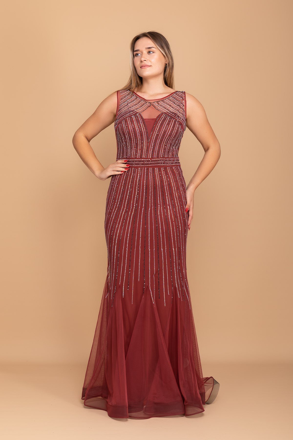 20156 BB Sıra Taş İşleme Uzun Balık Tül Elbise