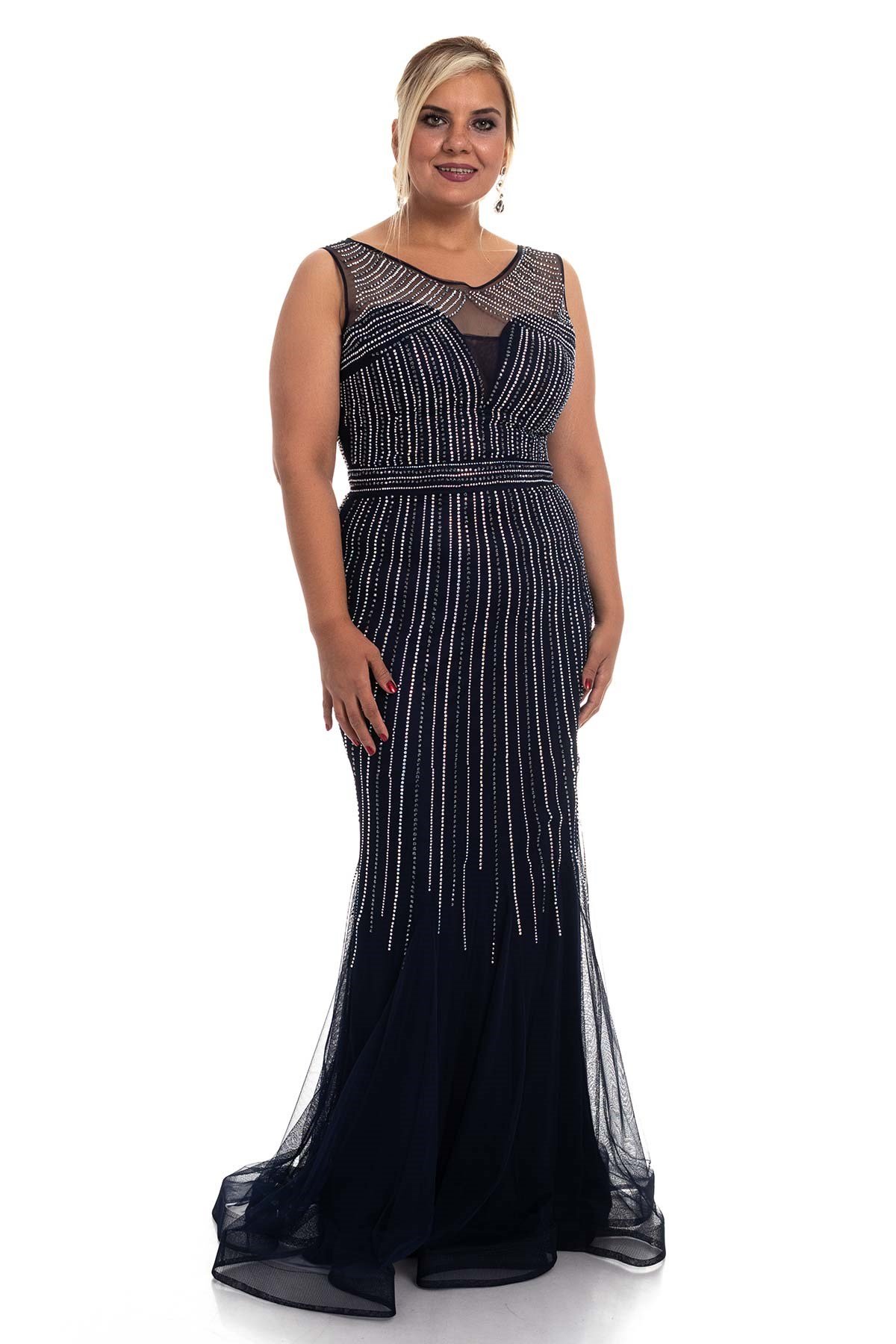 20156 BB Sıra Taş İşleme Uzun Balık Tül Elbise