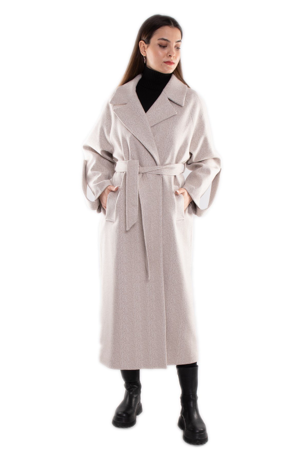 20266 Kırçıllı Kuşaklı Kadın Uzun Kaşe Kaban