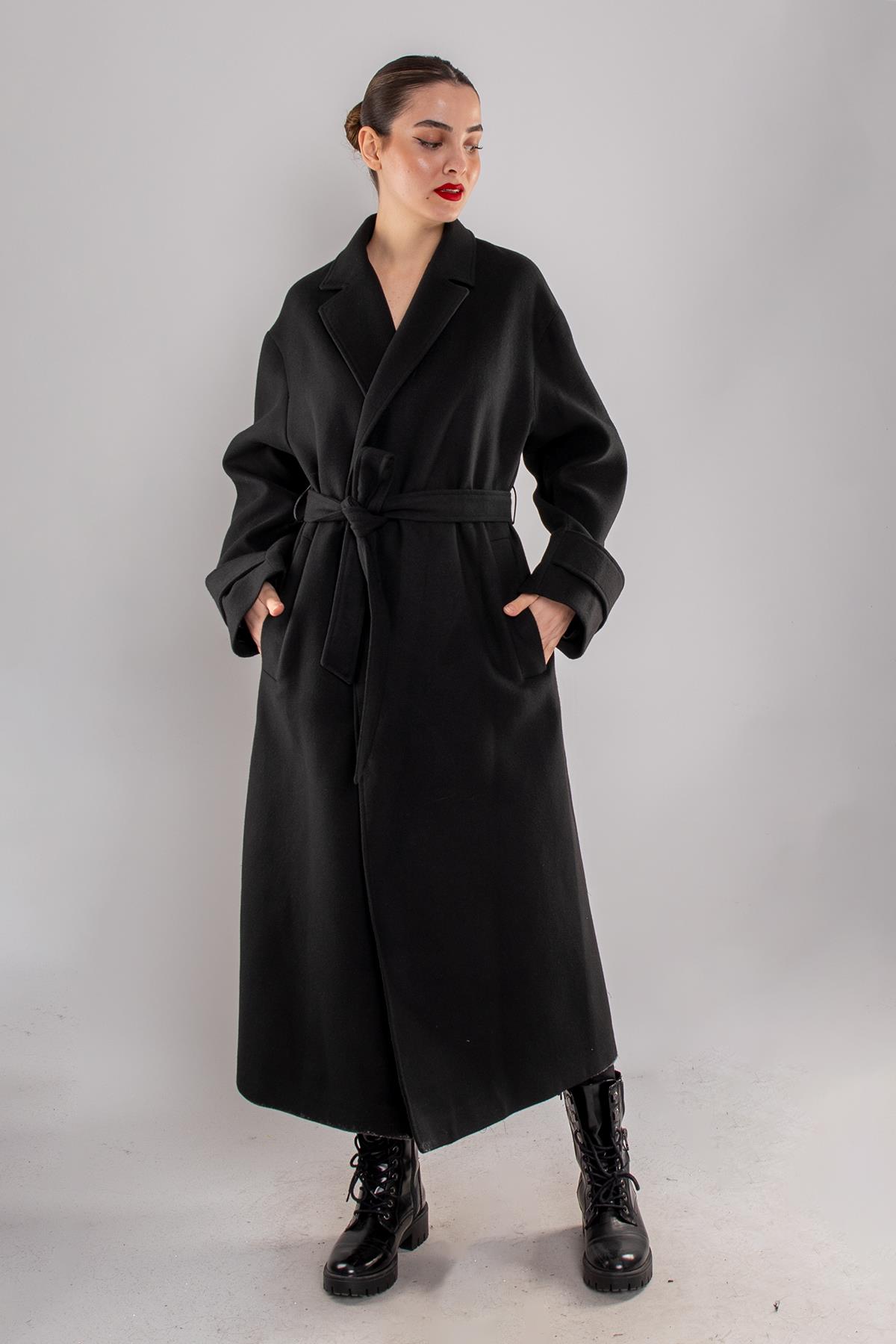 20276 Kuşaklı Kol Apoletli Erkek Yaka Kaşe Kaban